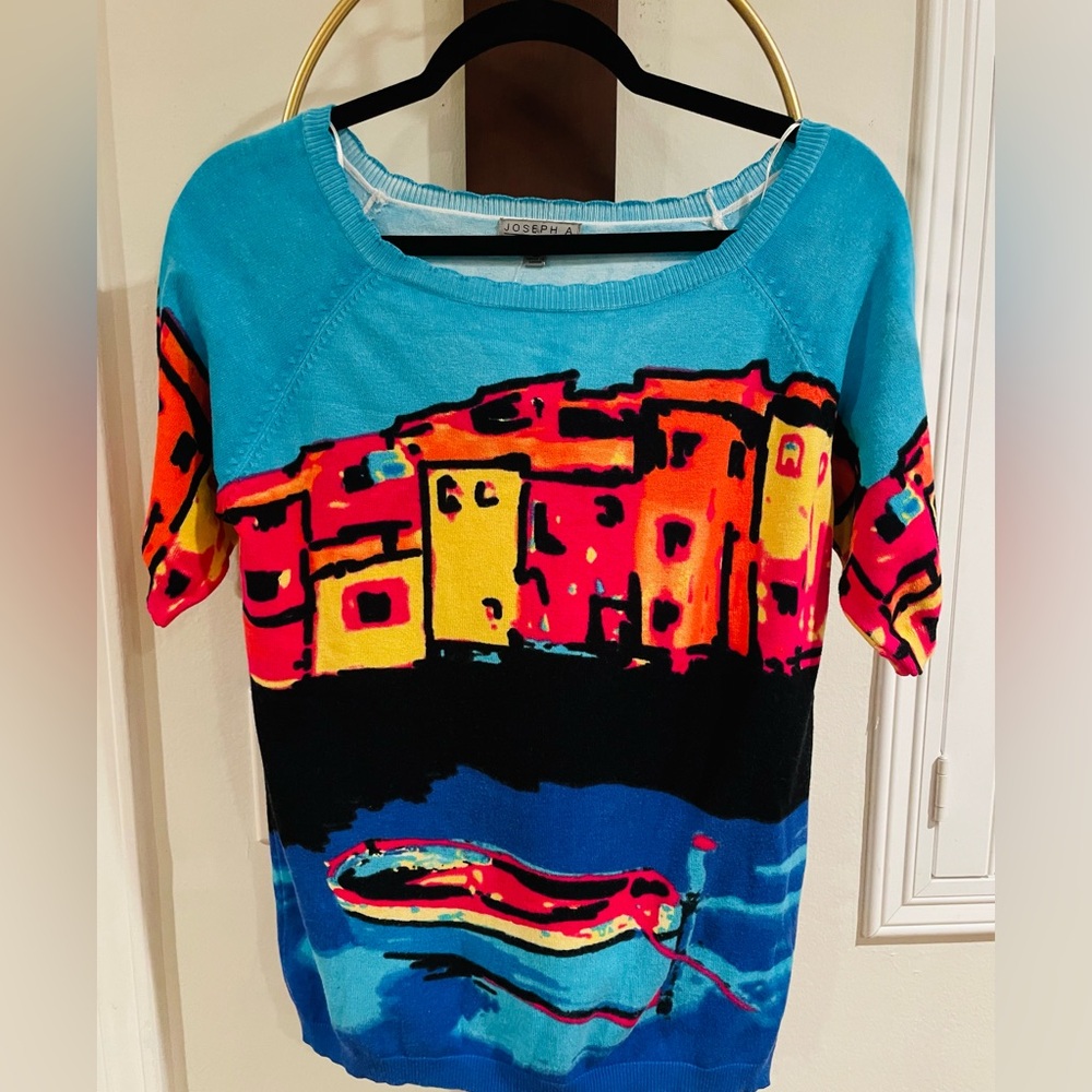 Joseph Turquoise Multicolor Short-Sleeve Graphic Knit Top